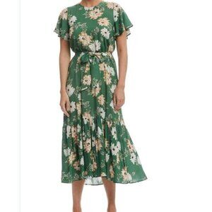 Rachel Pally Crepe Reiss Midi belted Dress Zinnia Green floral Size Medium